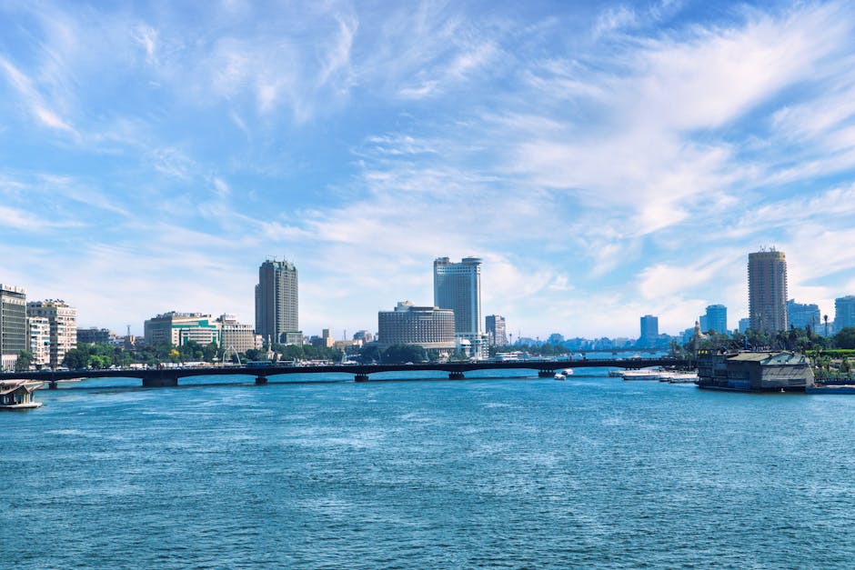 Discover the stunning Cairo skyline with the serene Nile River and a clear blue sky backdrop.