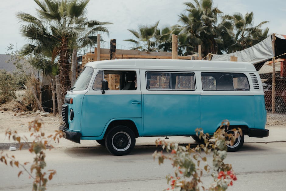 Charming vintage blue van parked on a sunny street in El Pescadero, Baja California Sur, surrounded by lush palm trees.